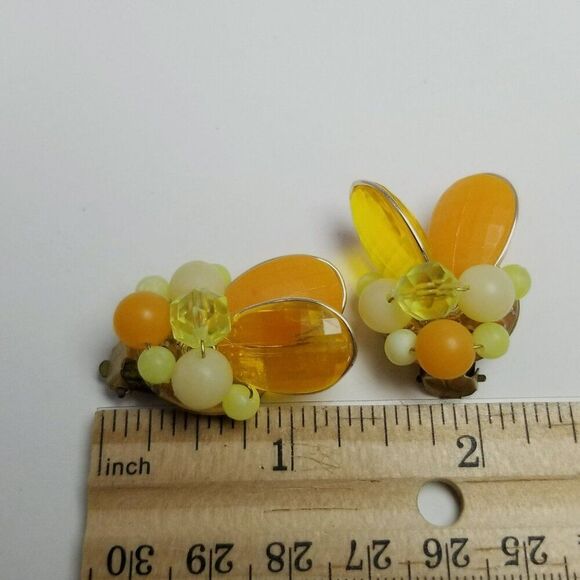 Vintage Orange Yellow Plastic Beaded Cluster Clip On Earrings, Western Germany - Picture 5 of 7